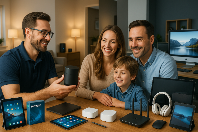 Familia feliz recibiendo asesoramiento sobre componentes electrónicos del hogar por un especialista en su propia casa